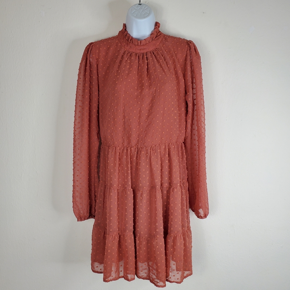 Trixxi Mock Turtleneck Dress XL Sheer Sleeve & Back Lightweight Chiffon Brown